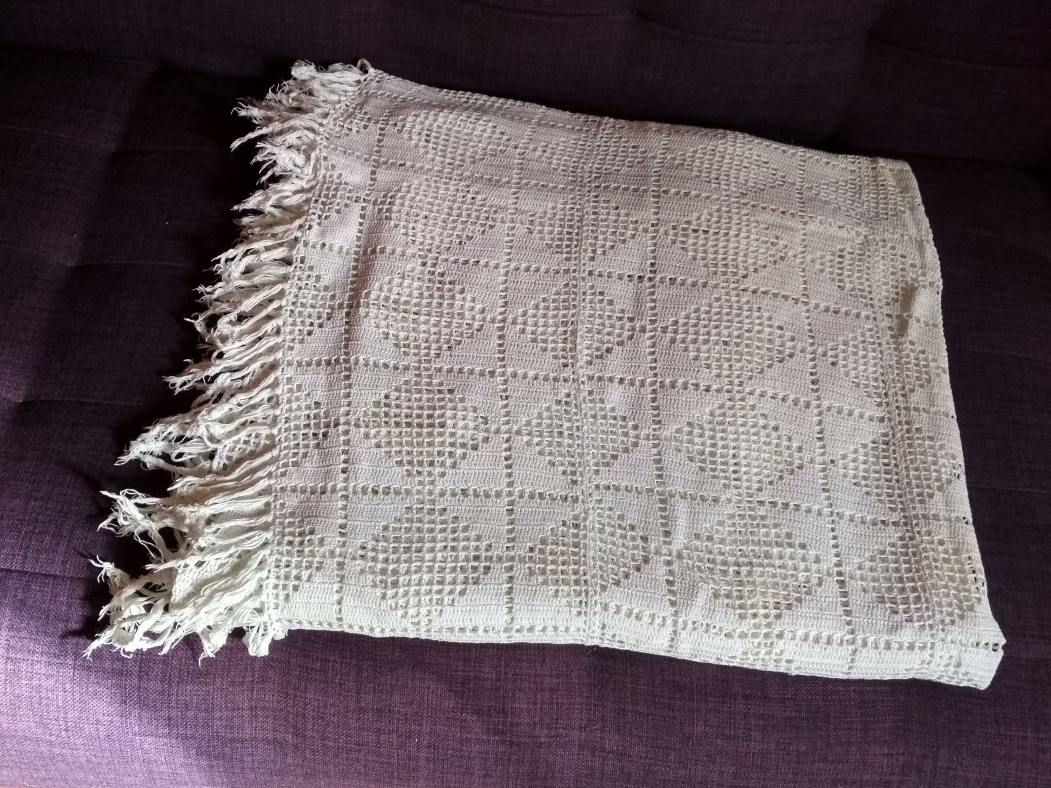 Dessus de lit en coton blanc , Ancien jeté de lit en crochet , couvre lit coton blanc