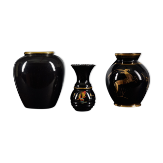 Set of 3 Glazed Black Ceramic Vases with Gold Designs