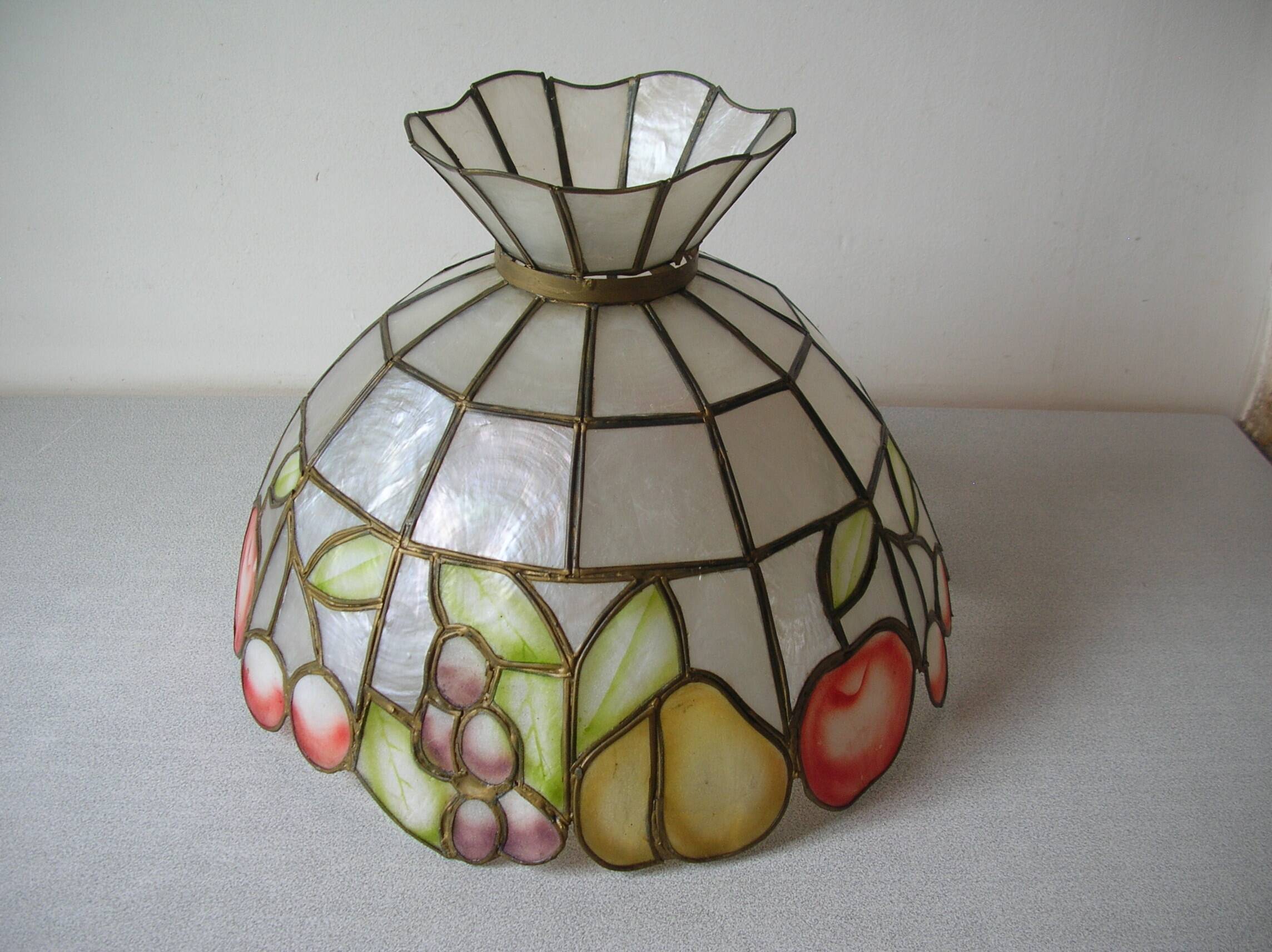Old large mother-of-pearl brass lampshade stained glass style fruit decor 31 cm