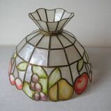 Old large mother-of-pearl brass lampshade stained glass style fruit decor 31 cm