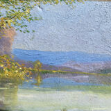 Huile sur toile, barque, lac, post impressionnisme