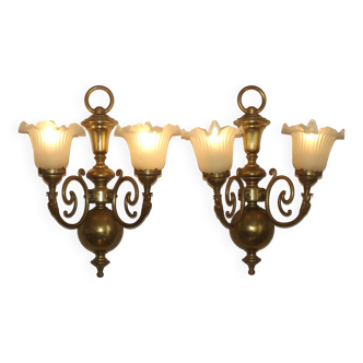 Large Pair French Vintage Brass Empire Wall Lights Swan Detail Glass Shades 4884