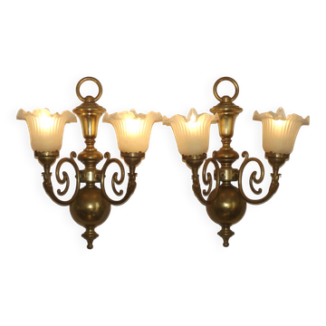 Large Pair French Vintage Brass Empire Wall Lights Swan Detail Glass Shades 4884