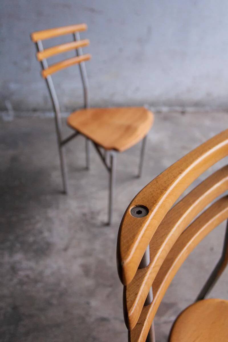 Set of 4 Zumsteg Chairs — Light Wood Seats with Grey Metal Tubular Frames, Postmodern Industrial