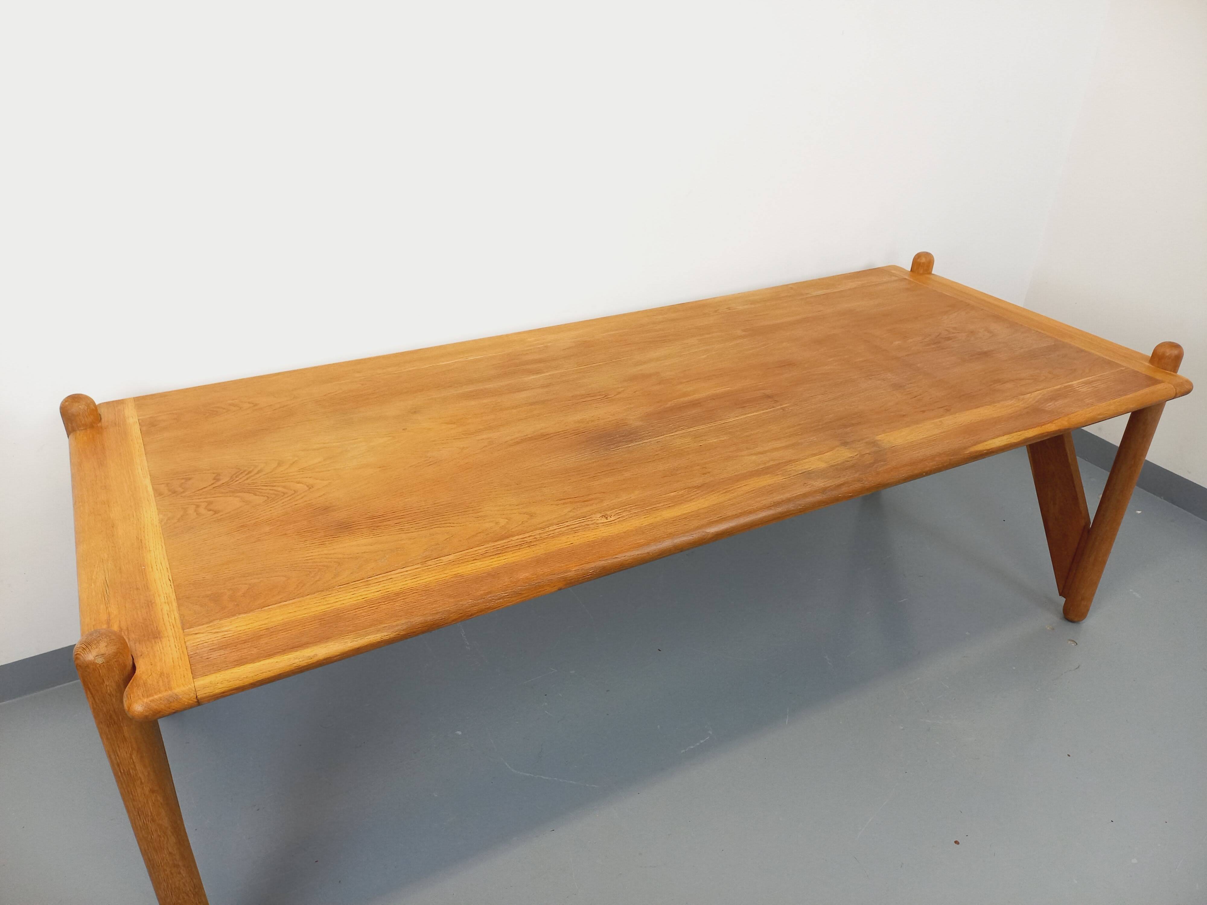 Large vintage brutalist rectangular table made of solid oak wood.