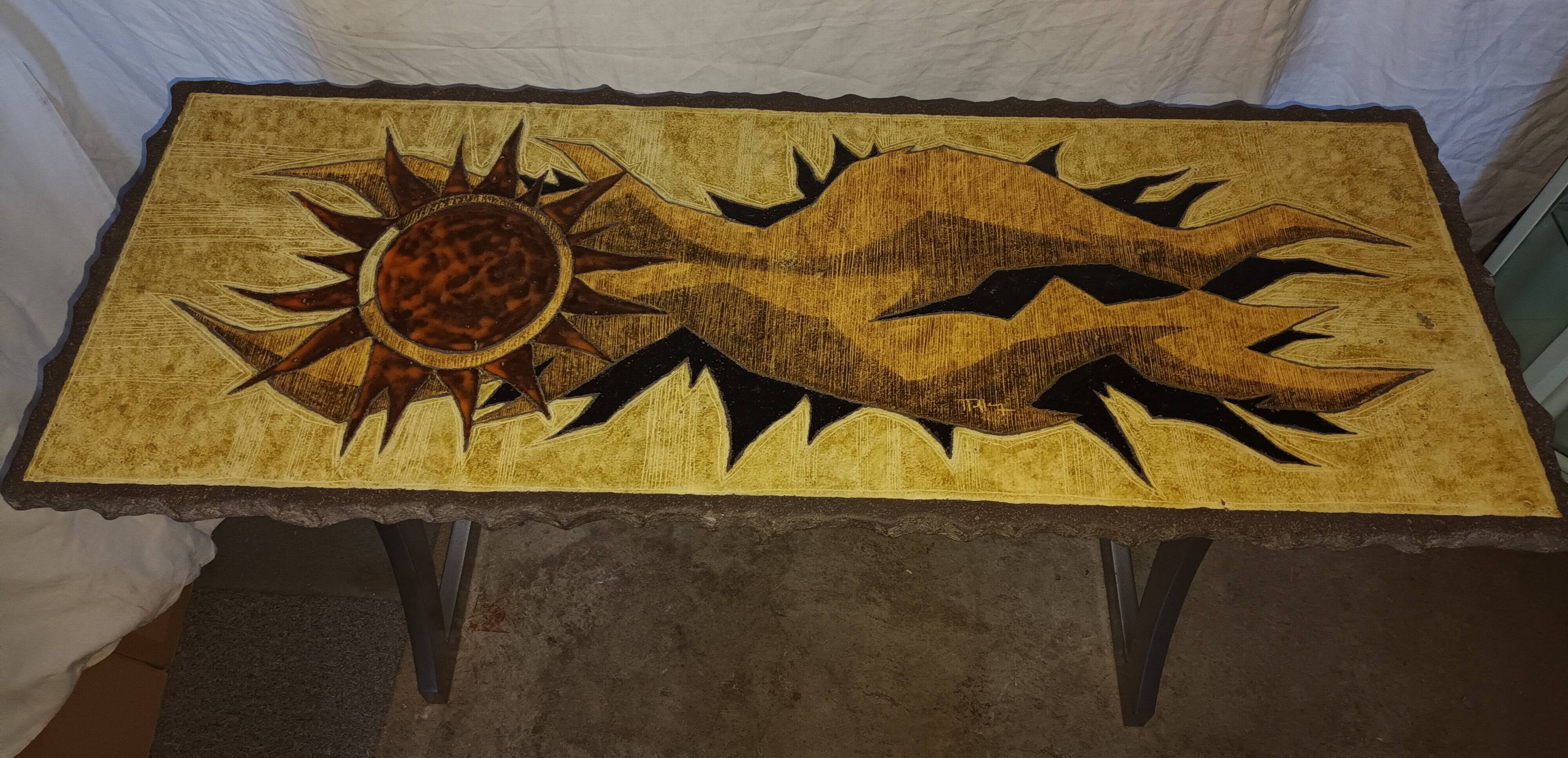 Vintage lava stone console signed Jean Jaffeux