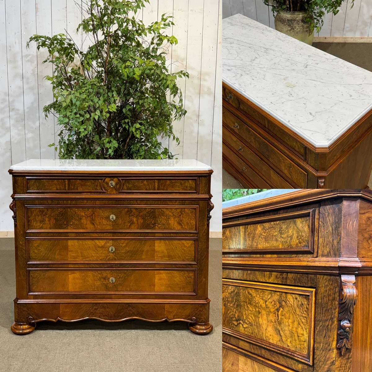 Napoleon III commode in walnut, fir and white marble from the 19th century.