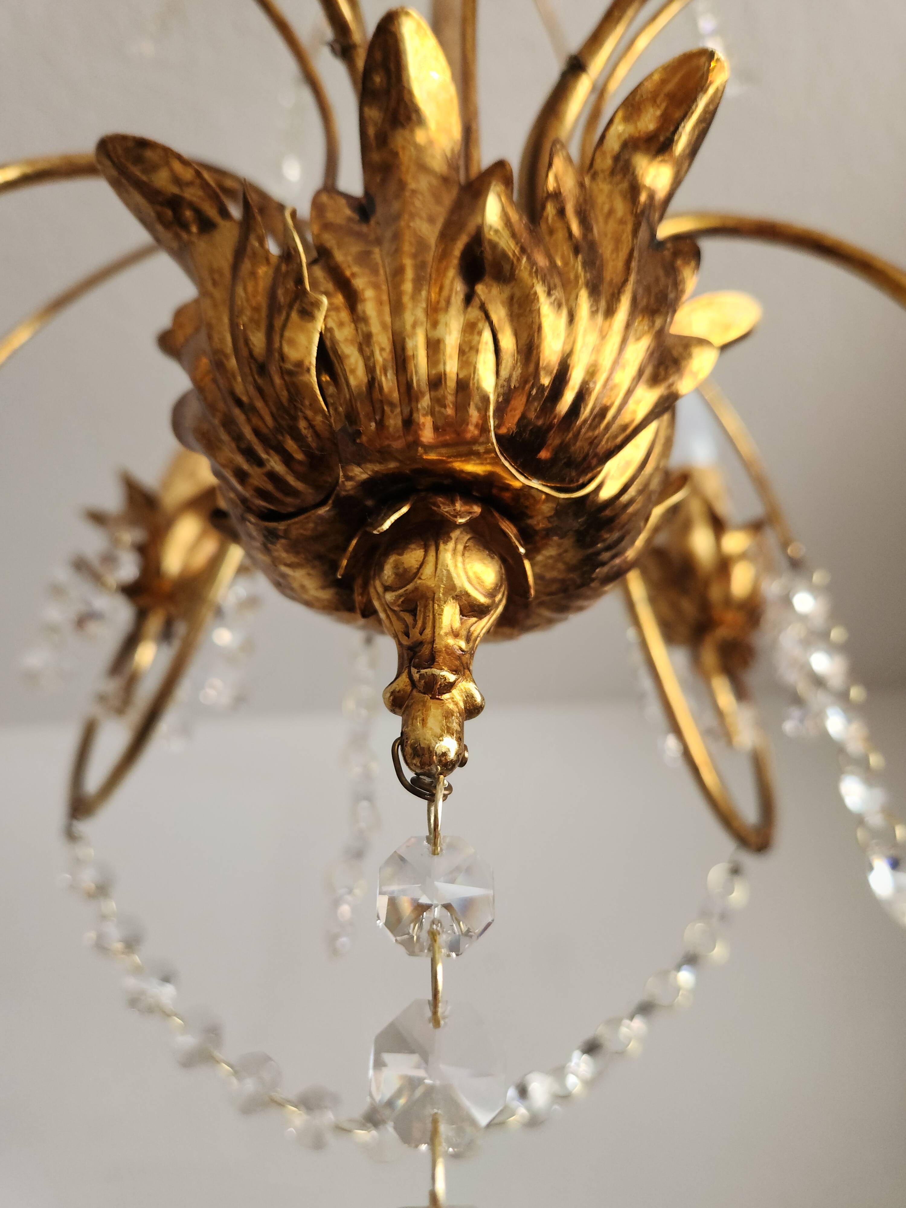 Messing doré lustre à 6 lumières lampe cristal cascade 1950-1970