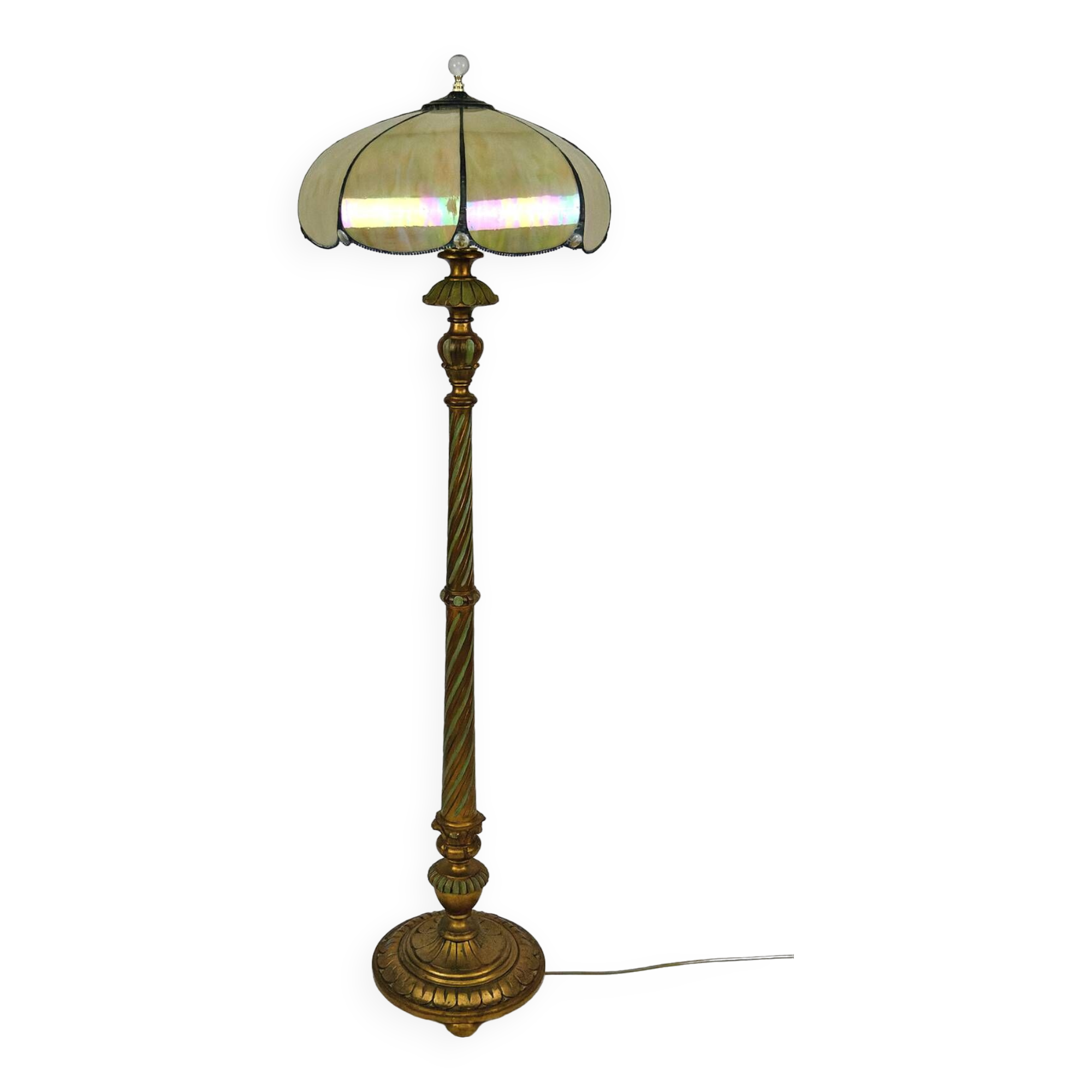 Floor lamp in gilded carved wood and pearly glass lampshade, Art Deco, France, Circa 1920
