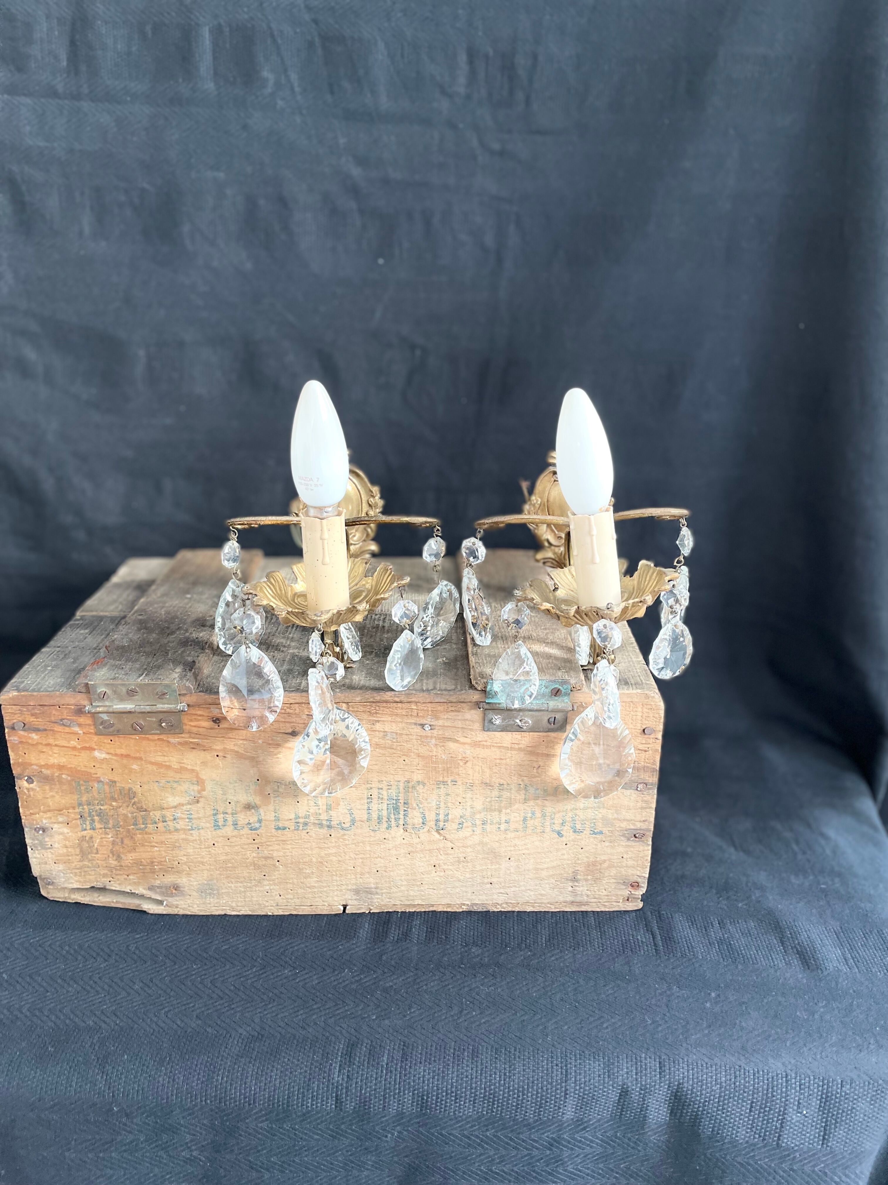 Pair of antique wall lamps - golden metal - grapevines - 1 lights