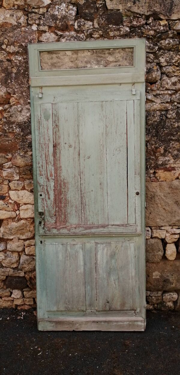 Porte en pin vitrée (6 carreaux) avec son imposte et son volet amovible