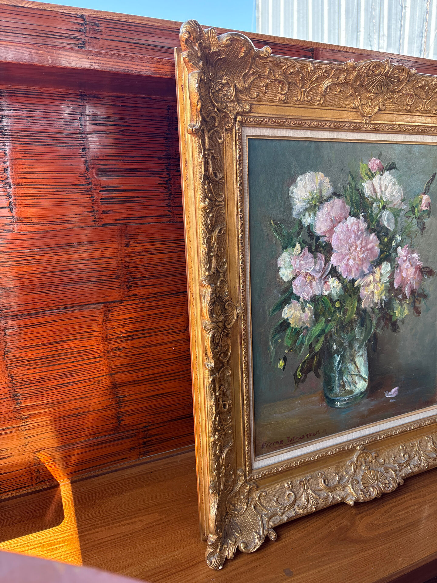 Large painting by Victor Zolnierowicz, peonies, oil on canvas, frame year