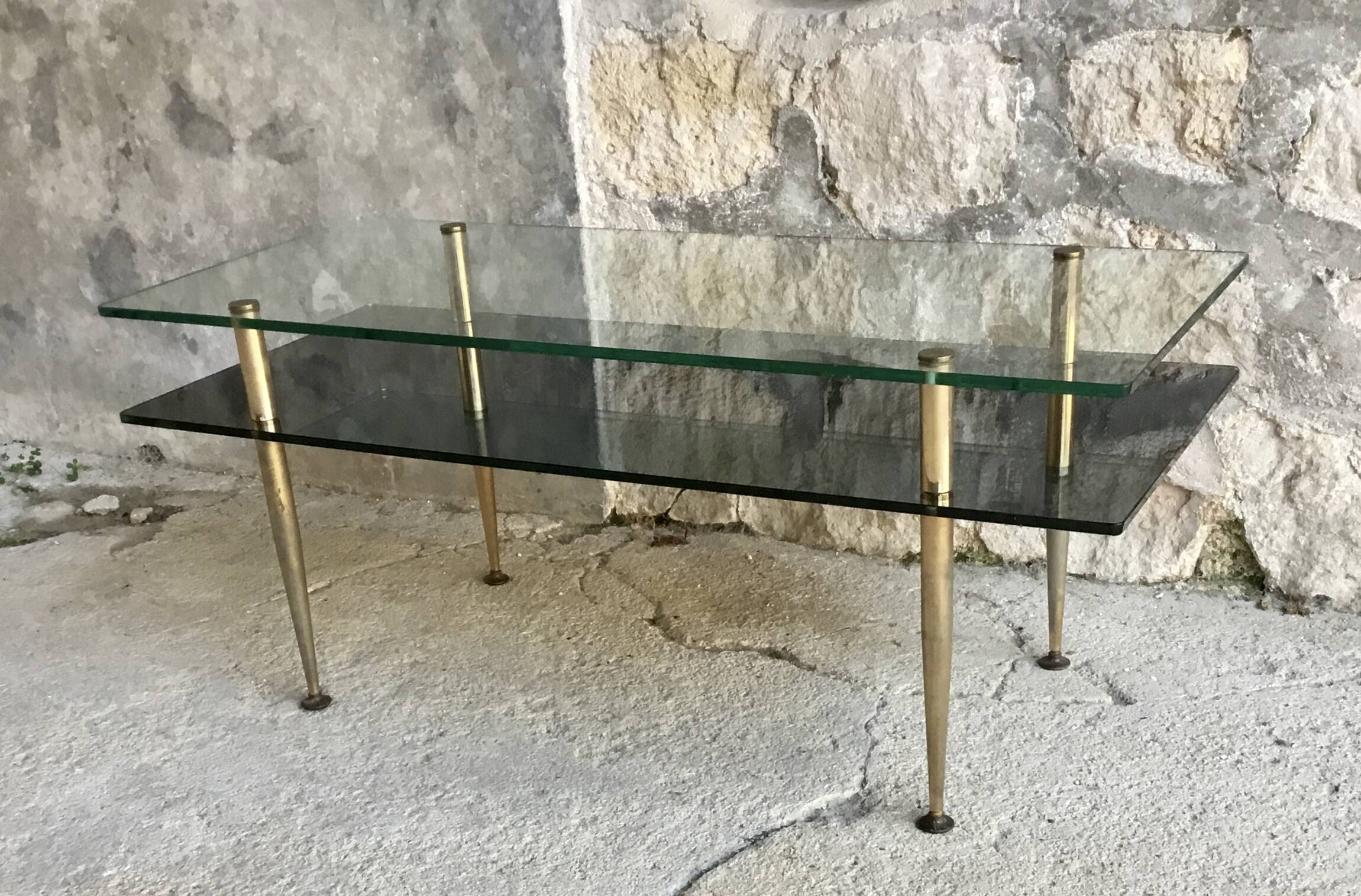 Table basse rectangulaire à double plateaux en verre - design Moderniste 1960