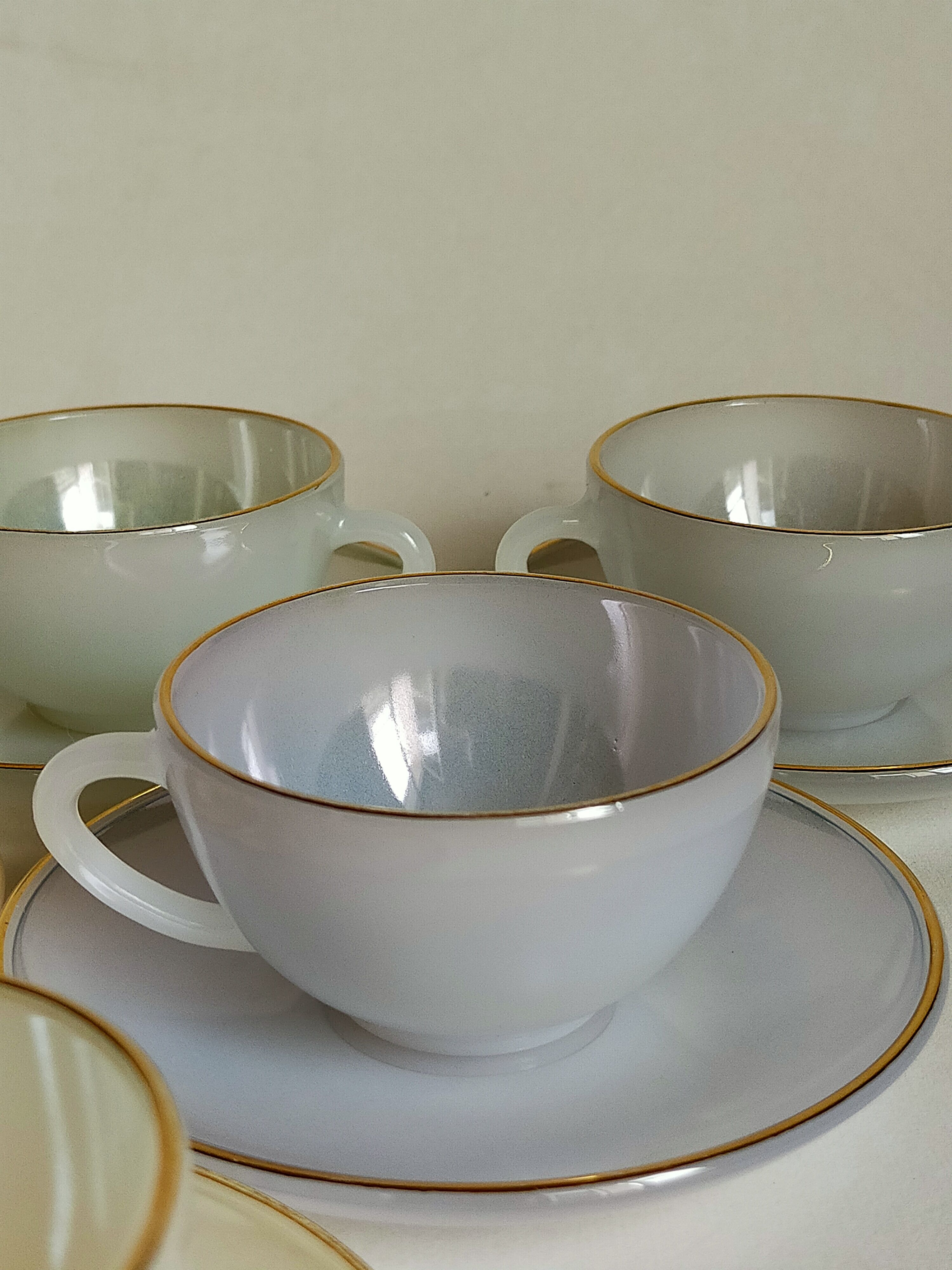 Six vintage iridescent pastel arcopal opaline cups