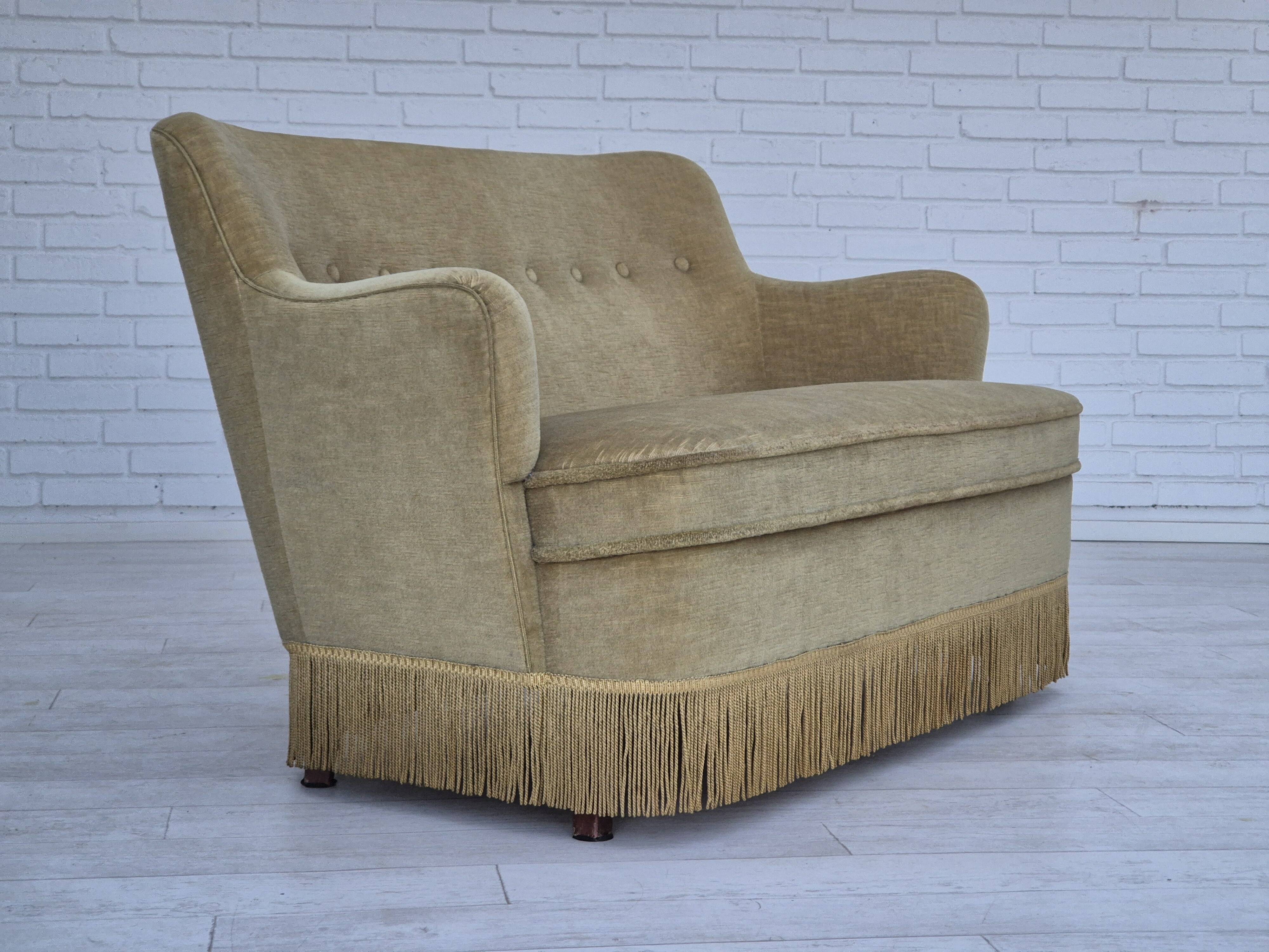 1970s, Danish 2 seater sofa, original condition, green furniture velour, beech wood legs.