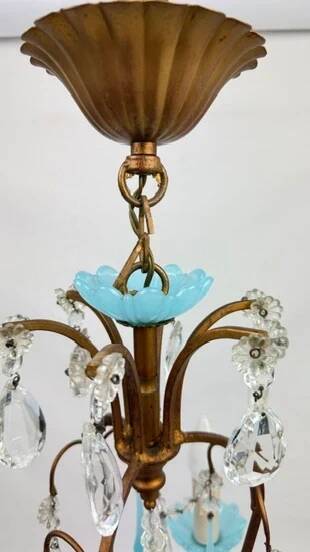 Small Italian chandelier in brass, blue opaline and tassels, 1950s