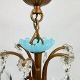 Small Italian chandelier in brass, blue opaline and tassels, 1950s