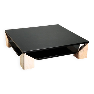 Vintage coffee table in pink marble and lacquered wood, 1970s design.