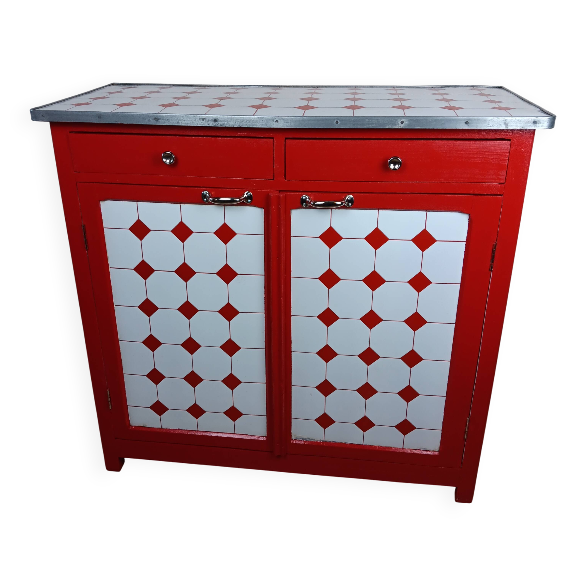 Meuble de métier , buffet parisien en tôle émaillé rouge et blanc