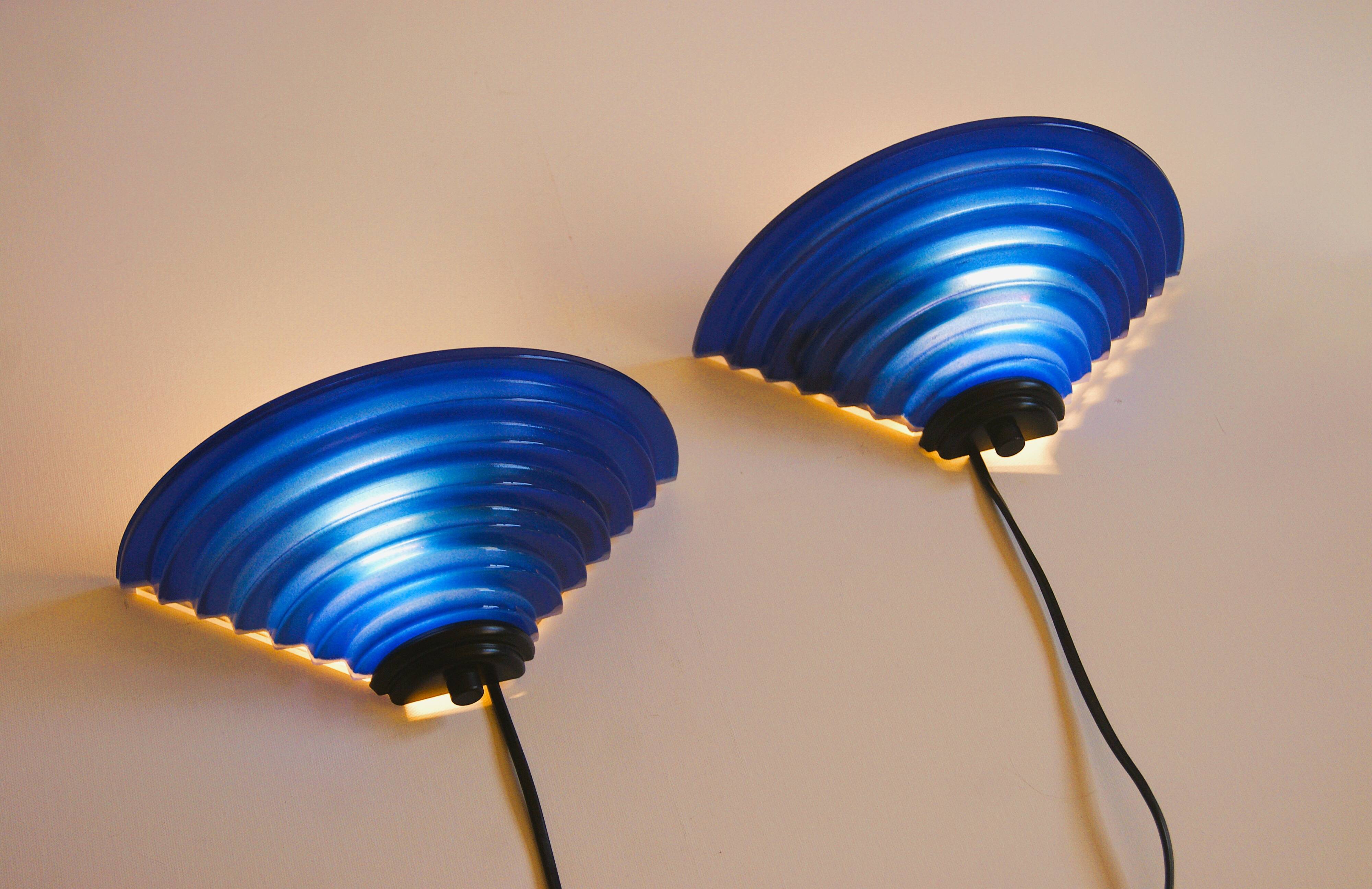 Pair of 1980's Art Deco Inspired Cobalt Blue Glass Sconces - Design Light