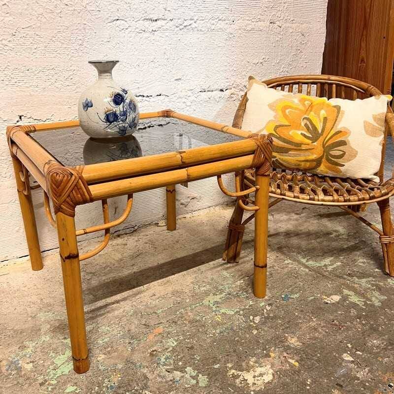 Rattan and glass side table