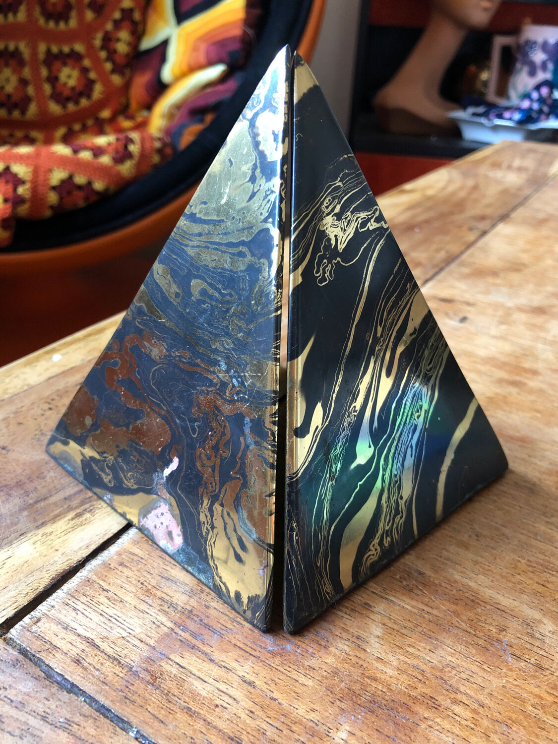 Marbled pyramids art deco bookends