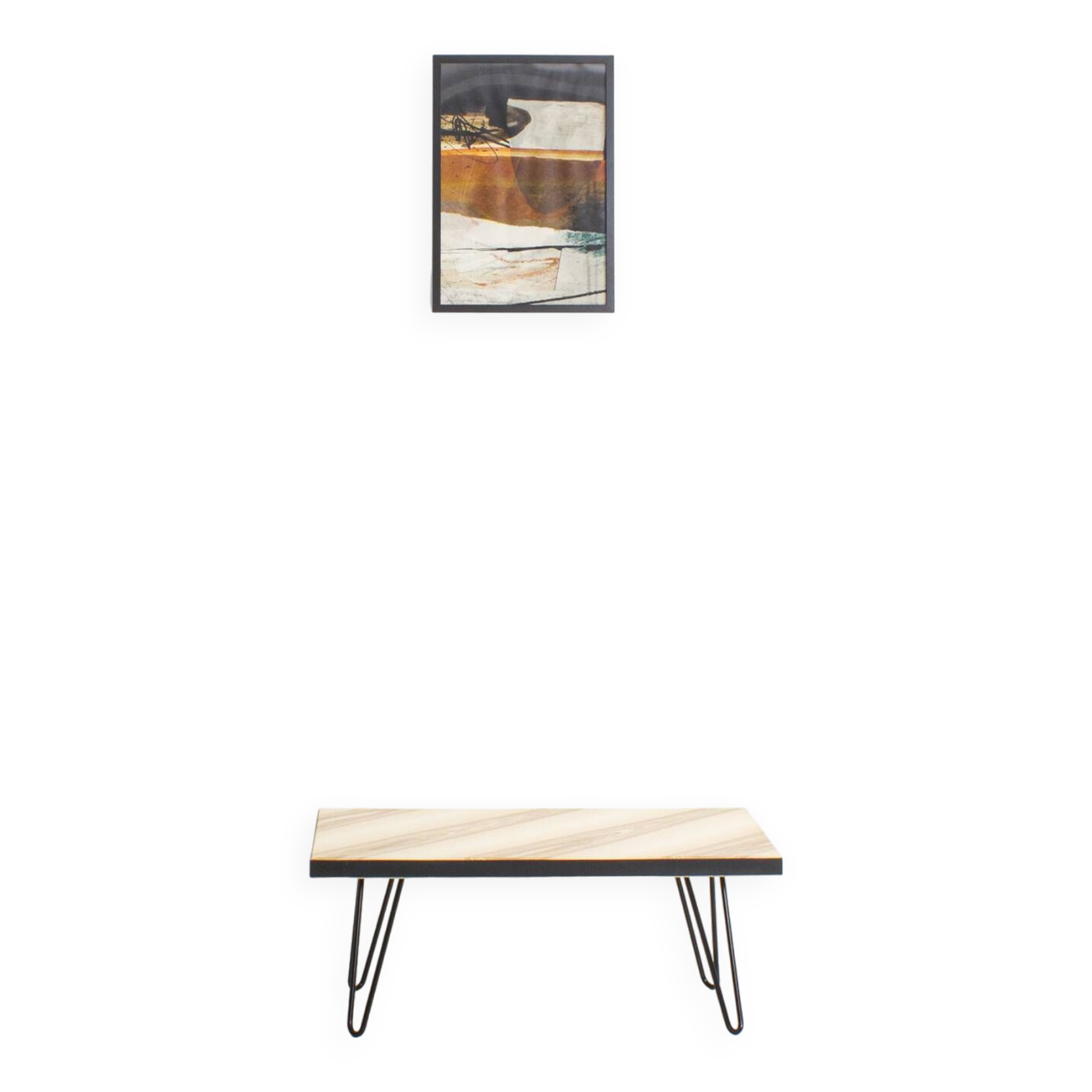 Olive ash coffee table with metal hairpin legs