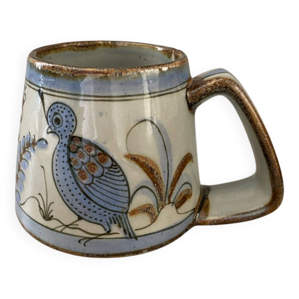 Vase mug en céramique artisanat mexicain signé oiseau fleur