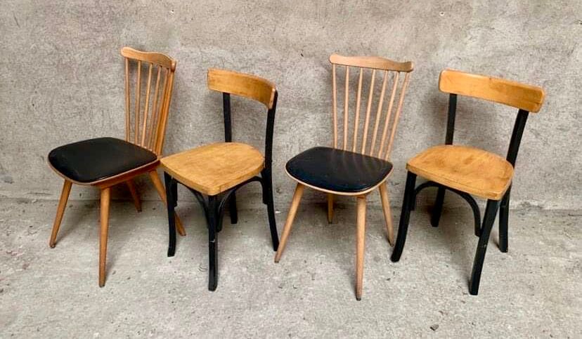 Series of 4 old wooden bistro chairs