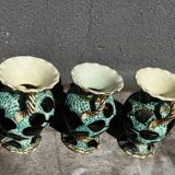 Trio of Vallauris vases in turquoise and black, highlighted with gold, 22 cm high