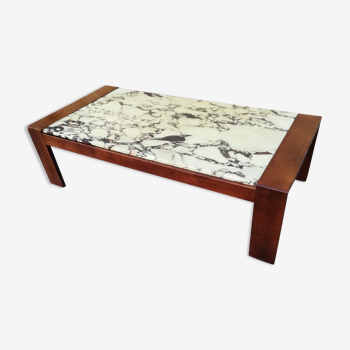 Table basse vintage rectangulaire bois et marbre