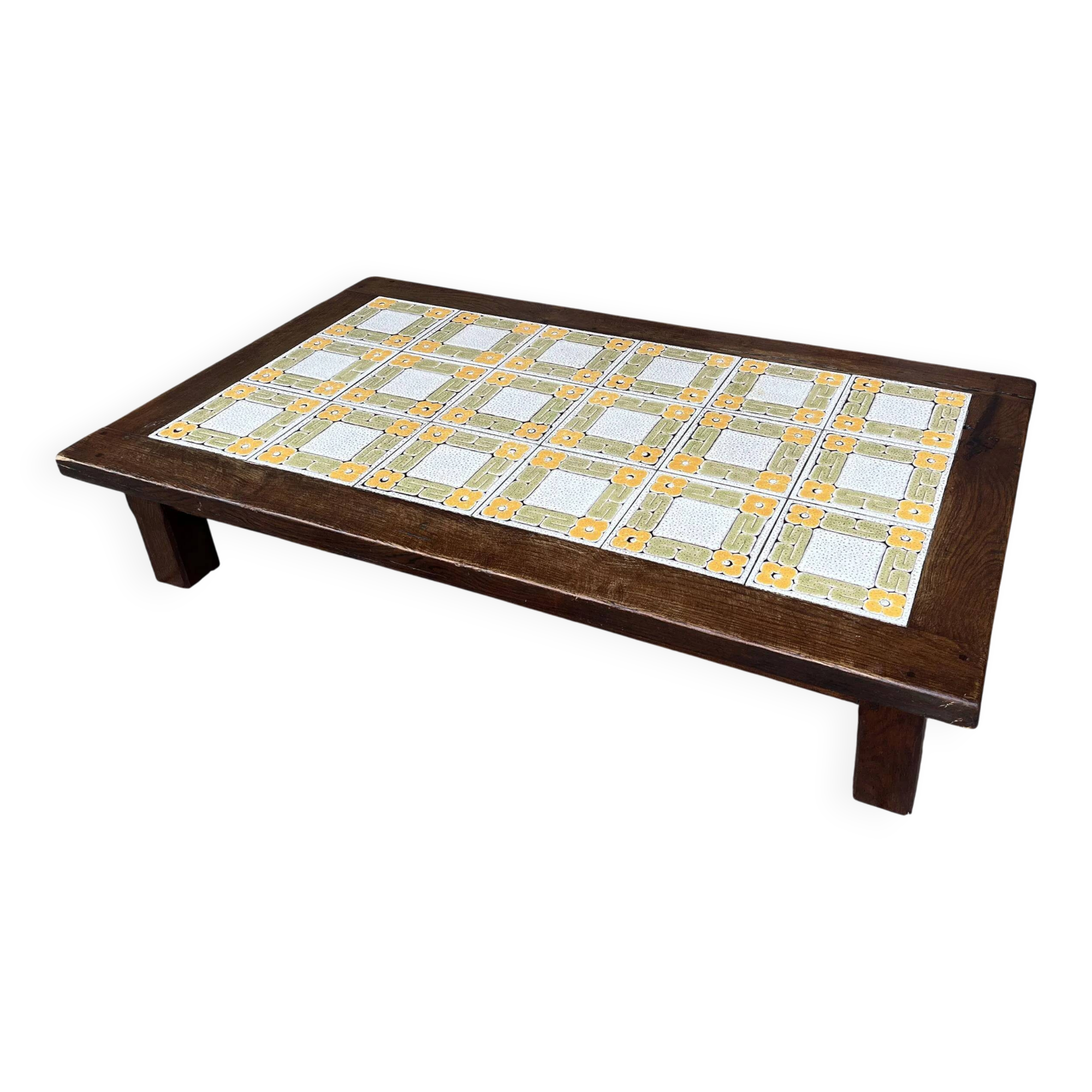 Large vintage 1960s oak and ceramic coffee table.