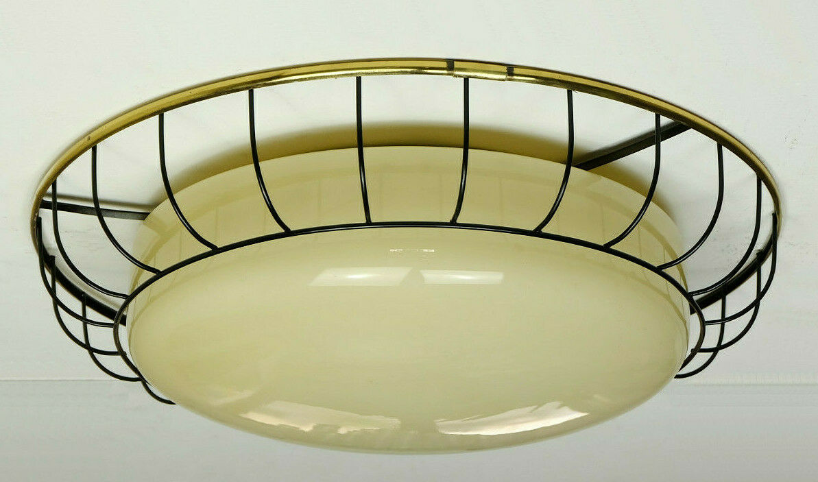 1930s to 50s glass ceiling lamp plafoniere with metal wire and brass frame