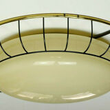 1930s to 50s glass ceiling lamp plafoniere with metal wire and brass frame