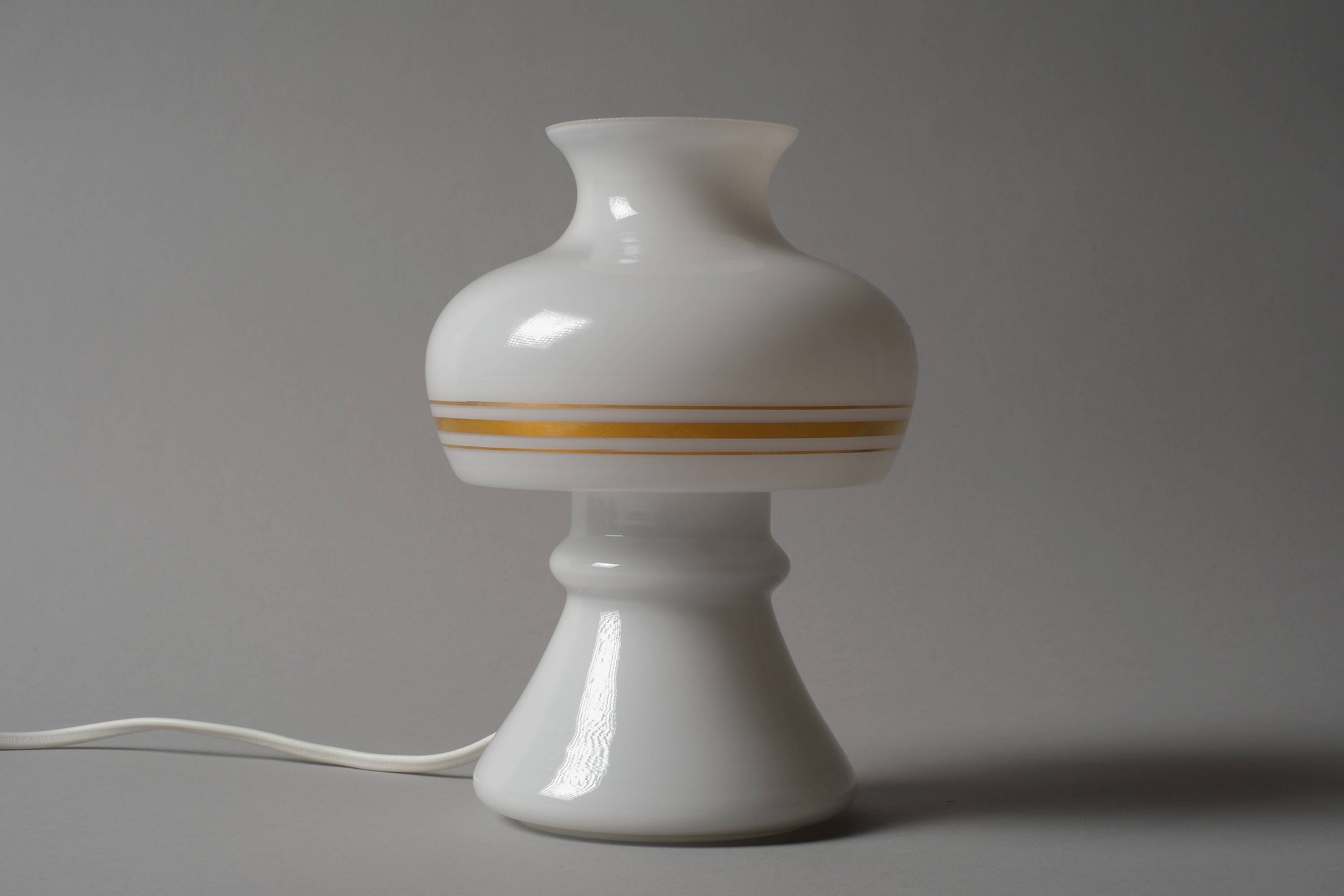 Flygsfors Orrefors White Opaline Glass Mushroom Lamp with Golden Bands, 70s