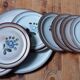 8 dessert plates + brown/blue stoneware tart dish, Fanchon model by MBFA Pornic, 1970s