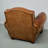 French moustache back cognac-colored leather club chair, 1940s