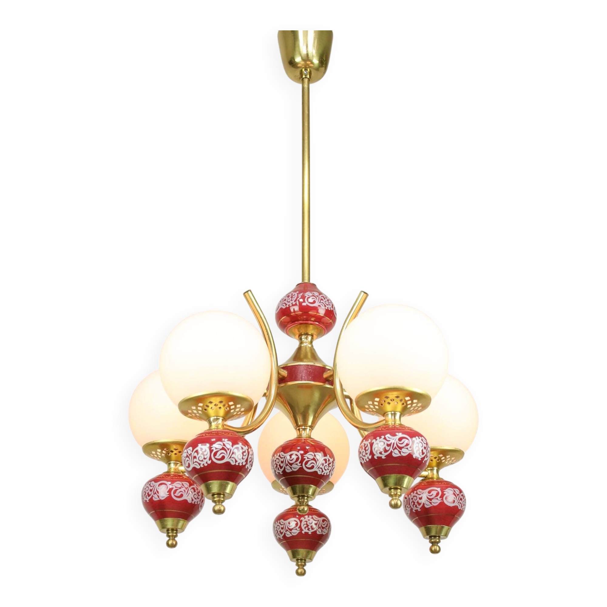 Mid-Century Italian Brass, Opaline & Ceramic Chandelier