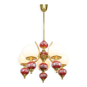 Mid-Century Italian Brass, Opaline & Ceramic Chandelier