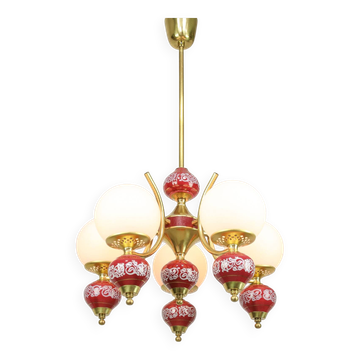 Mid-Century Italian Brass, Opaline & Ceramic Chandelier