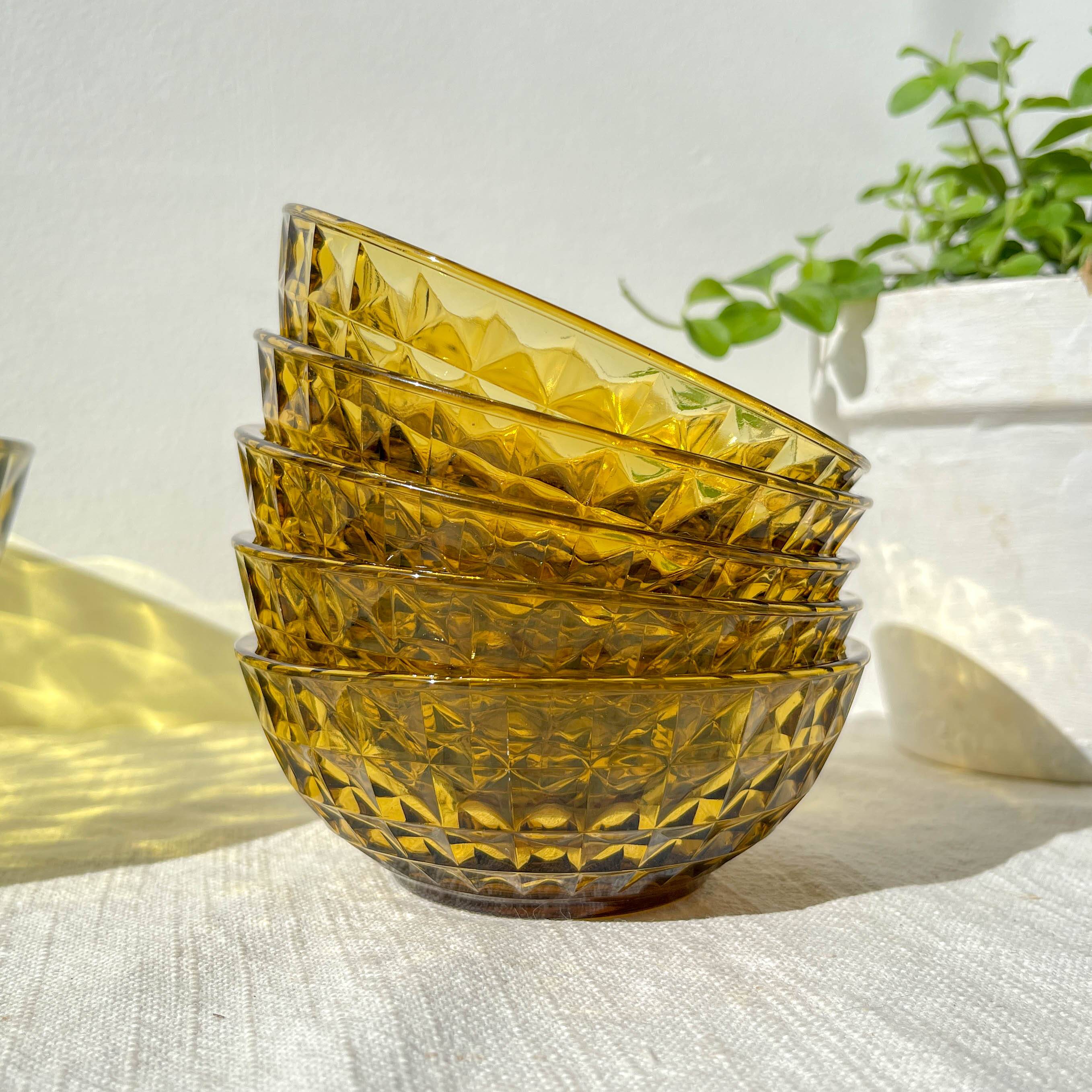 Vintage Amber Glass Dessert Set - 1 Salad Bowl + 5 Matching Bowls