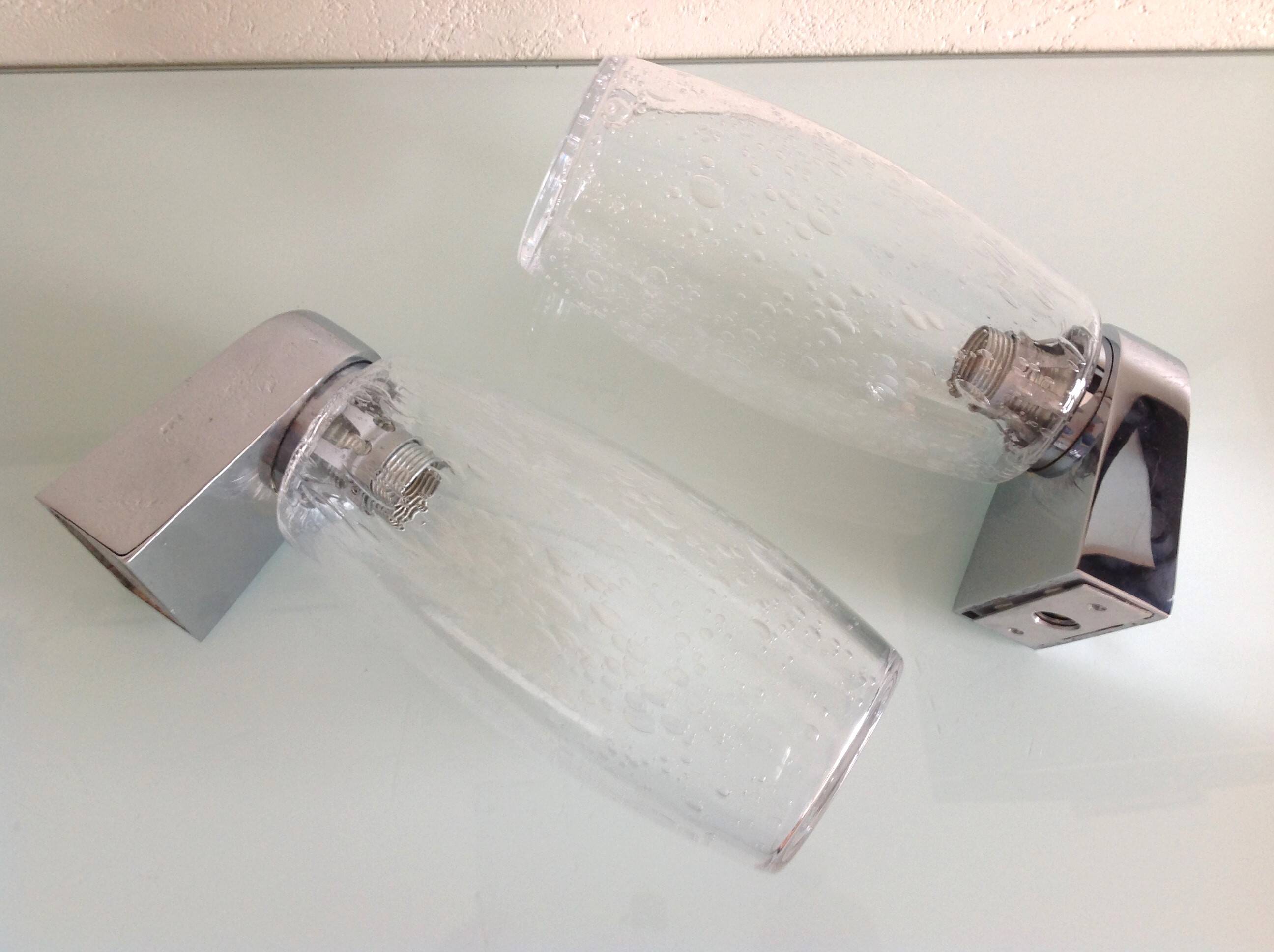 Pair of vintage 1970s-80s glass and chrome wall lights with teardrop shapes