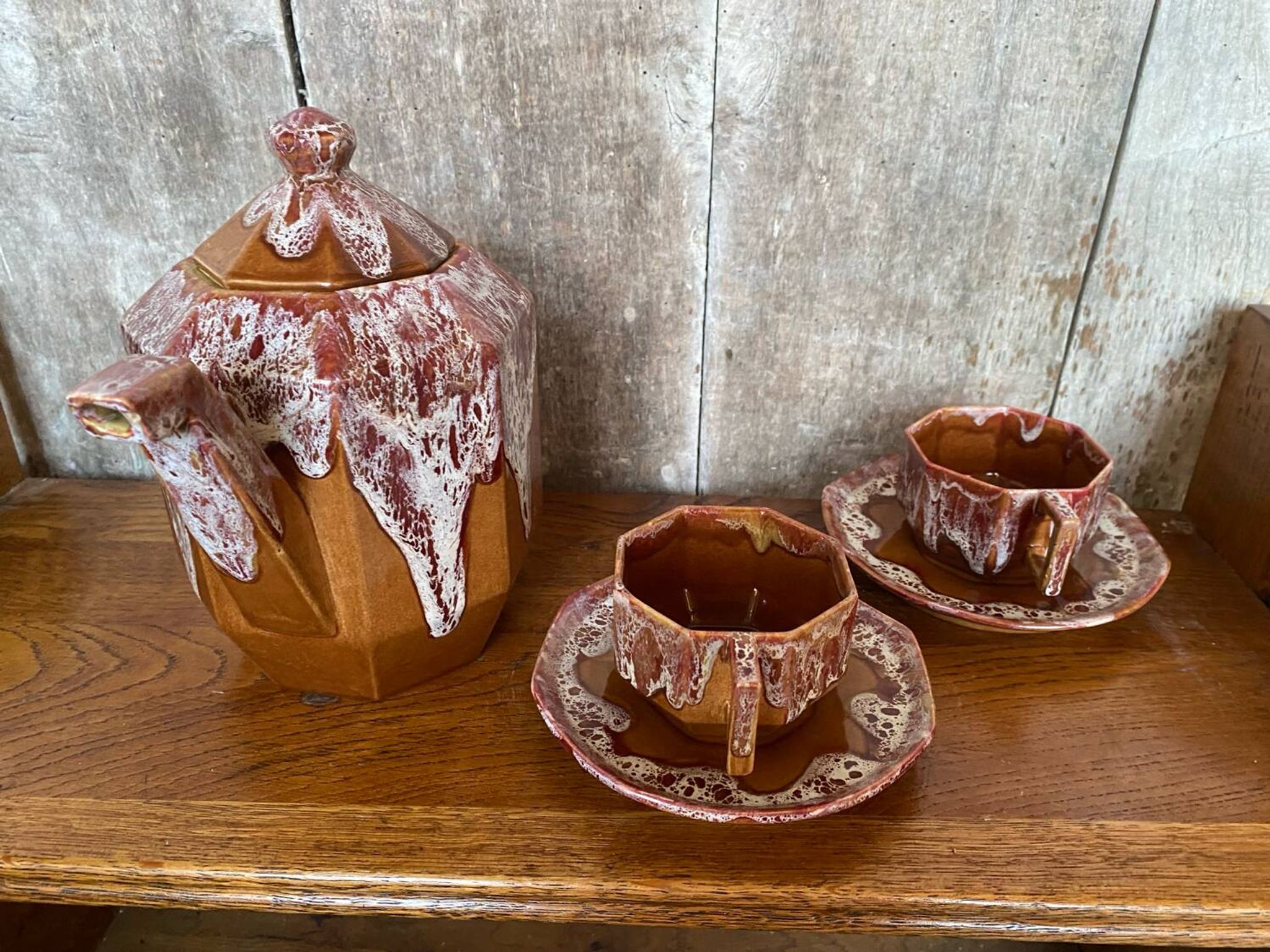 Ancienne théière gf art déco céramique flammée marron vintage