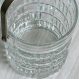 Clear glass ice bucket, geometric design.