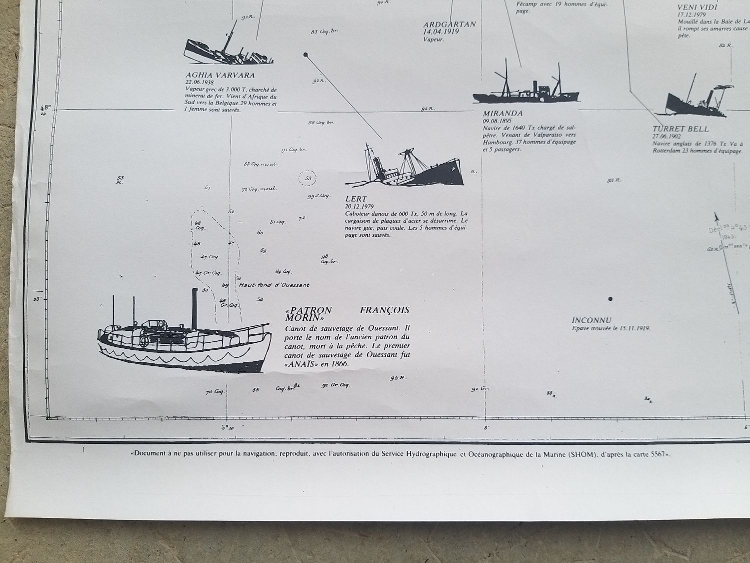 Shipwrecks map of the island of Ushant circa 1980