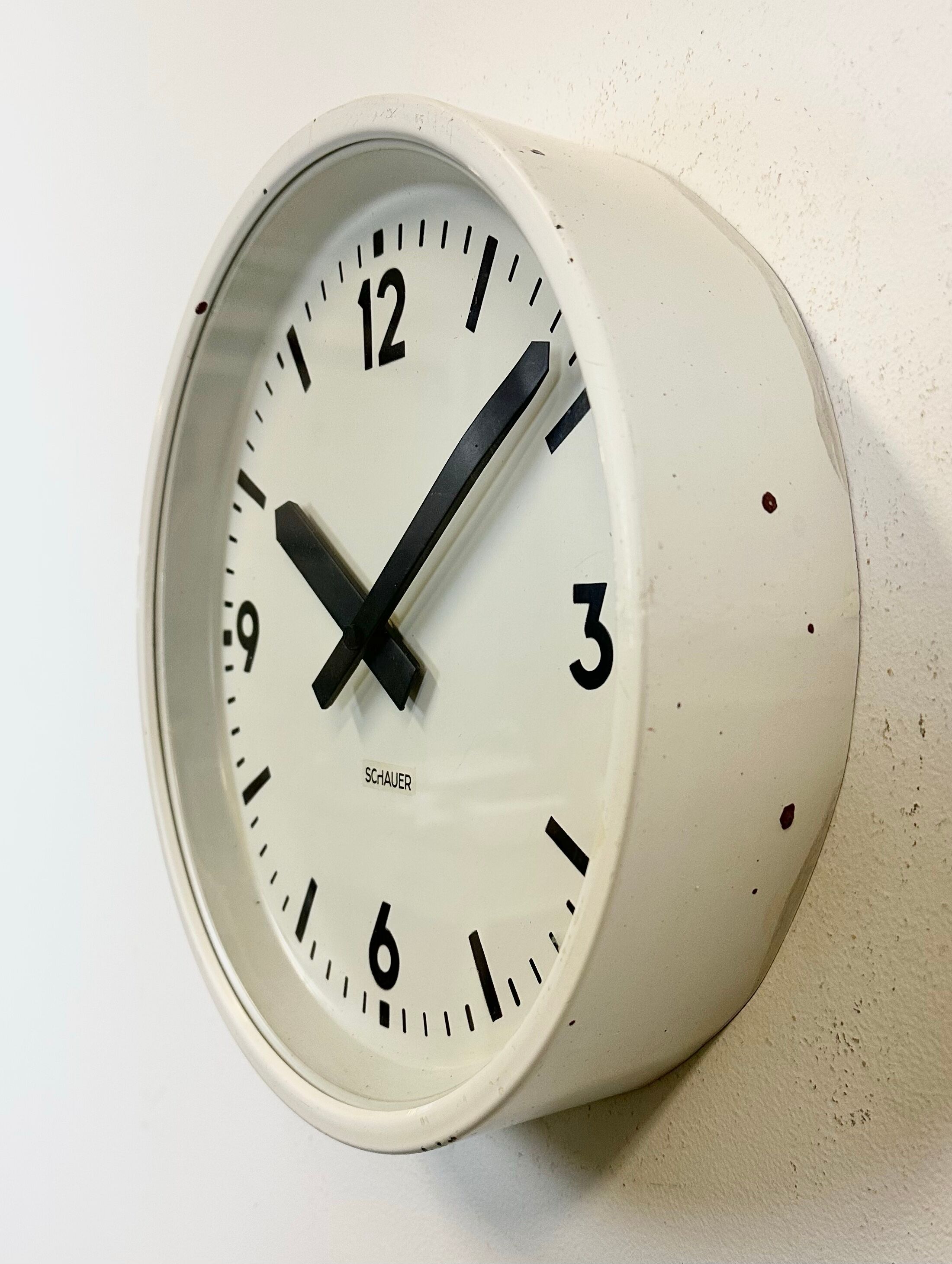 White industrial austrian factory wall clock from Schauer, 1960s