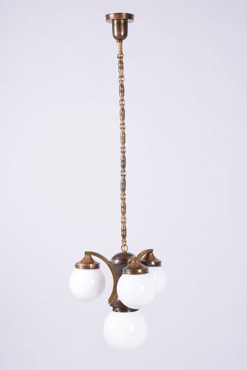 Art Deco Dissociative Chandelier in Brass and Opaline Glass, Czech, 1920s