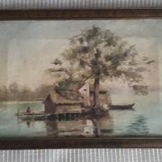 Old oil painting representing a landscape