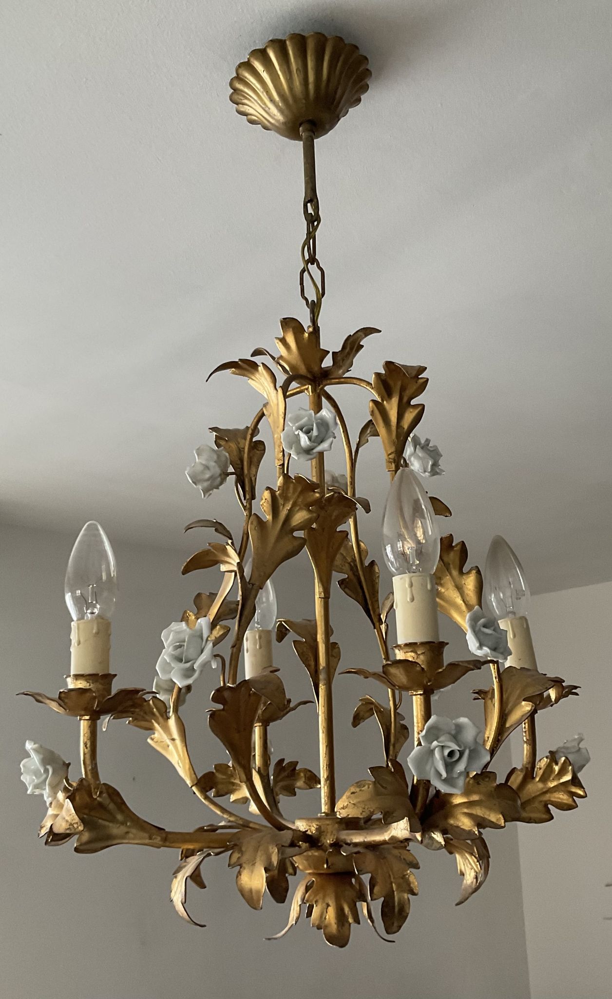 Italian cage chandelier golden leaves and porcelain flowers