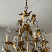 Italian cage chandelier golden leaves and porcelain flowers